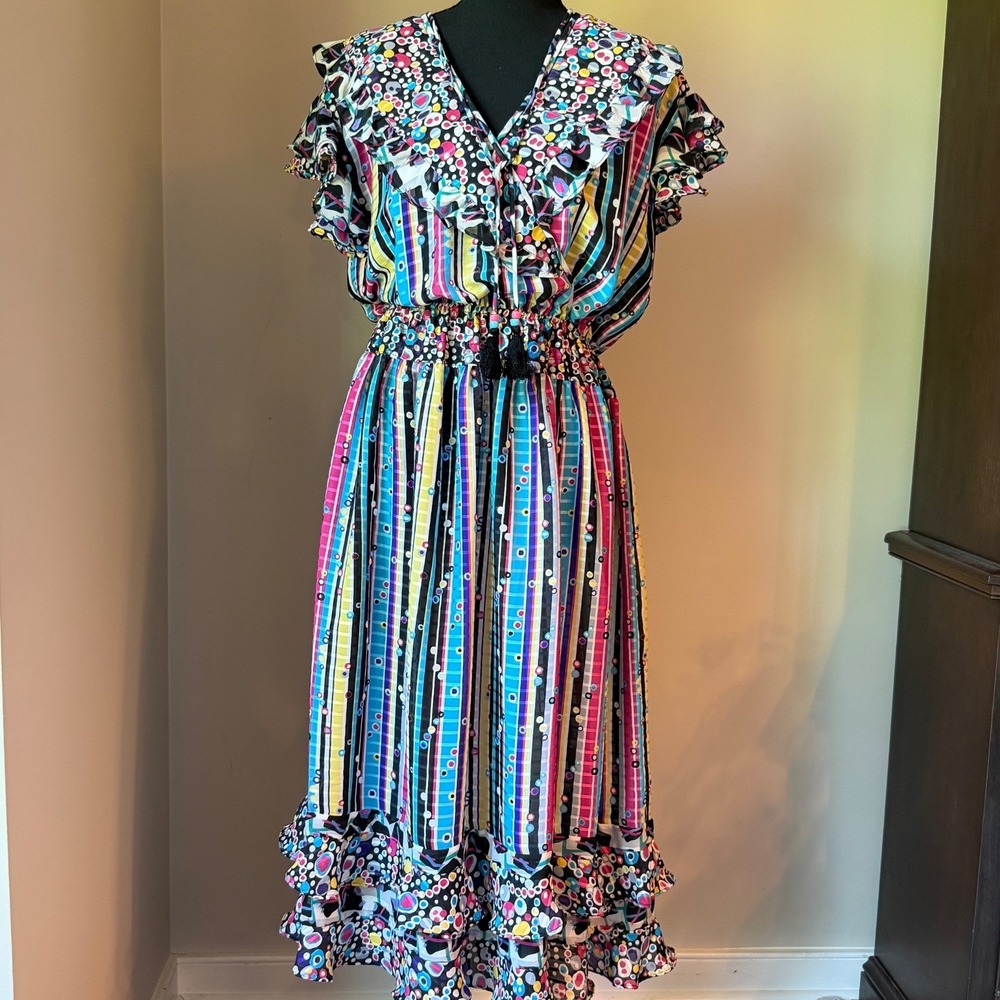 Vintage Diane Fres Maxi Dress 70s Disco Boho Ruffle Colorful Festival Size 6
